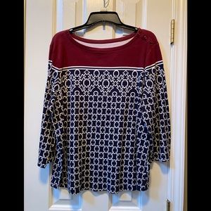 Charter club top burgundy,blue with white chains pattern 3/4 sleeves size XXL